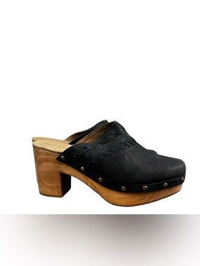 Five Worlds Cordani black suede platform clog with braiding details
